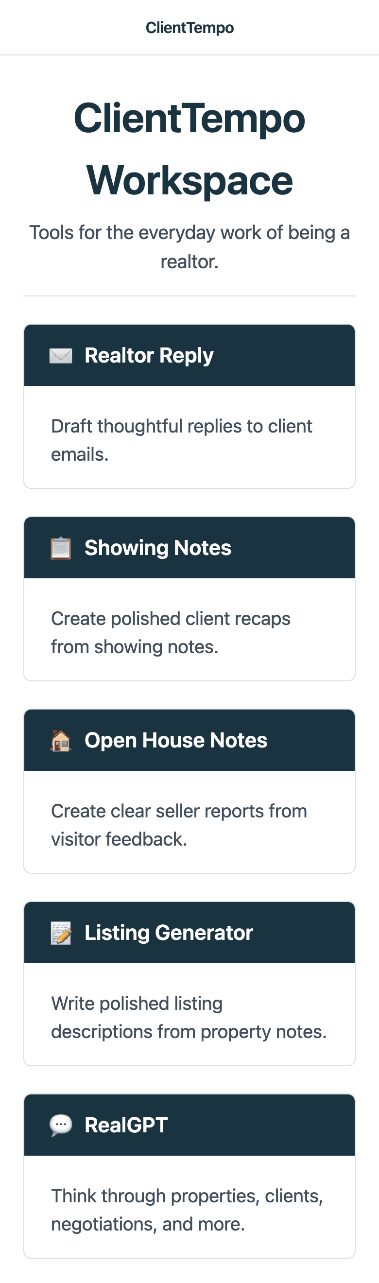 The ClientTempo workspace with Realtor Reply, Showing Notes, Open House Notes, Listing Generator, and RealGPT.